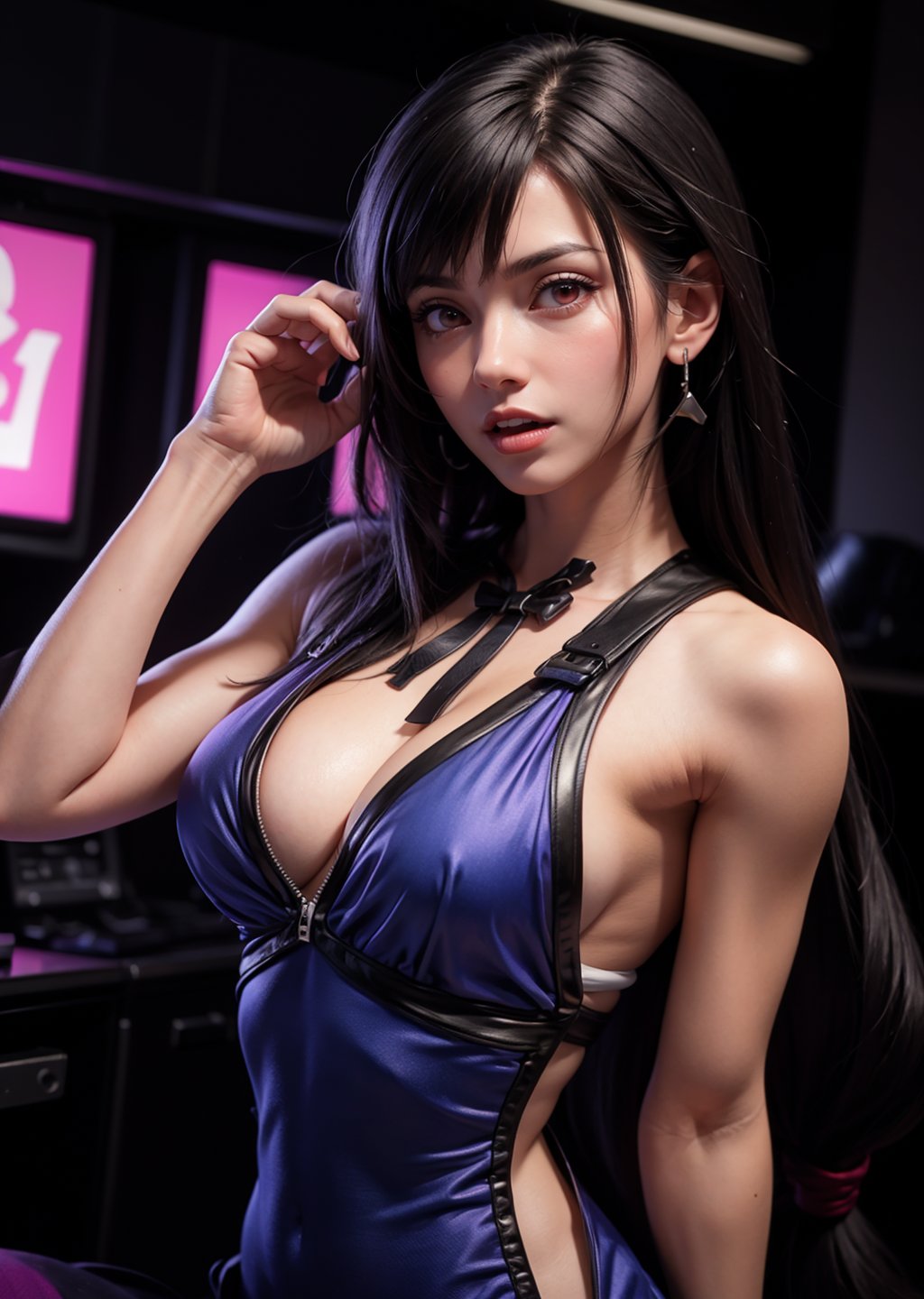 masterpiece, best quality, (detailed background), (beautiful detailed face, beautiful detailed eyes), absurdres, highres, ultra detailed, masterpiece, best quality, detailed eyes, upper body, 1_girl, red eyes, cyberpunk scene, Tifa, Final Fantasy 7 game, dark hair, pink lips, neck bone, messy cut, blunt bangs, red eyes, short blue dress, midnight, at the city, sexy pose, model pose, alluring pose, mouth open, arked abs, marked lower abs, well toned body, upper_body 