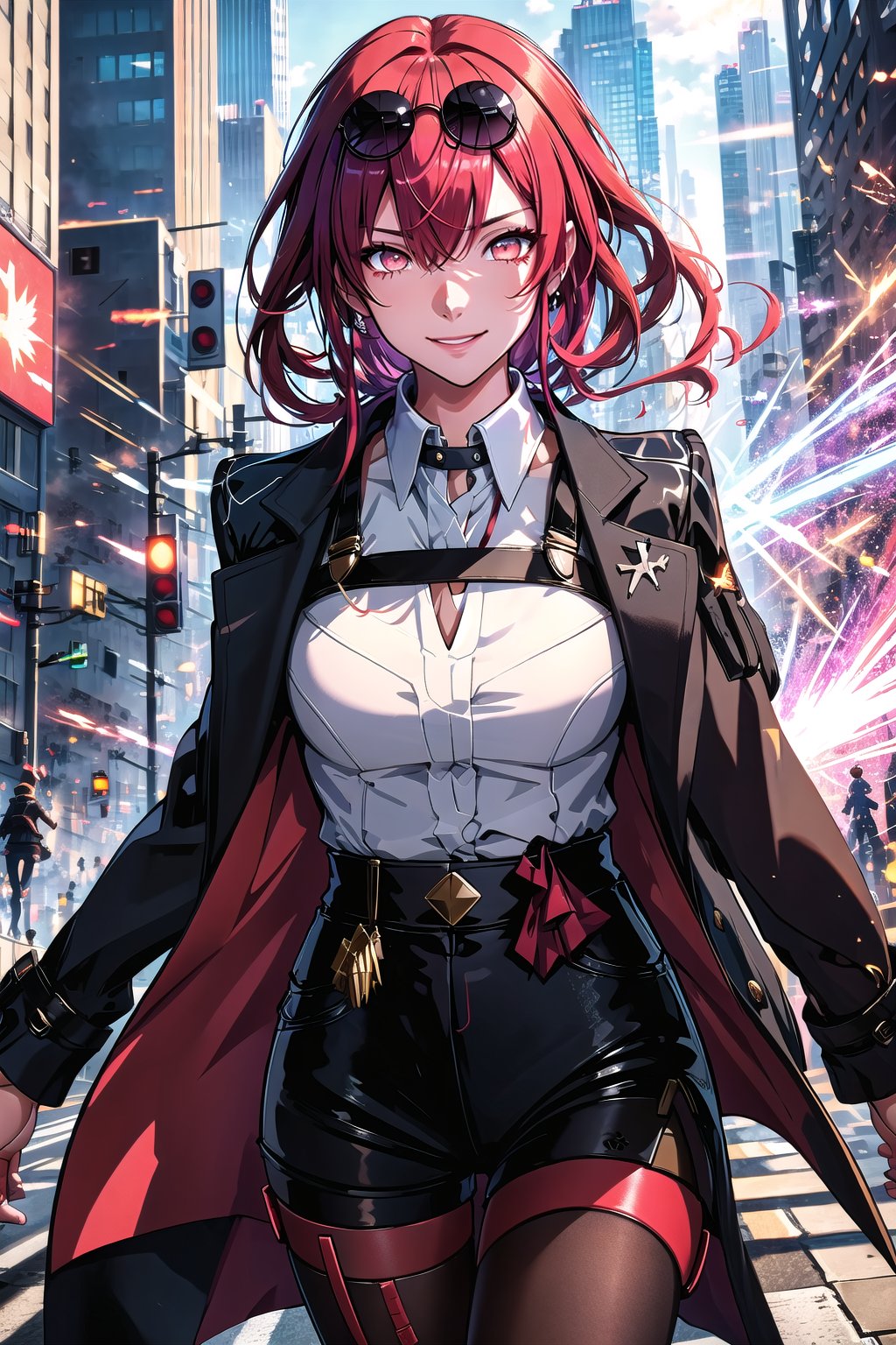 guiltys, angry, a girl, white eyes, red hair, fighting, upper body, (bokeh:1.1), depth of field, by Akihiko Yoshida, tracers, vfx, splashes, lightning, light particles, city background, masterpiece, best quality, (detailed background), (beautiful detailed face, beautiful detailed eyes), absurdres, highres, ultra detailed, masterpiece, best quality, detailed eyes, Kafka(hsr), collared shirt, cowboy shot, simple background, shorts, sunglasses, eyewear on head, solo, pantyhose, black shorts, coat, long sleeves, smiling, upper_body