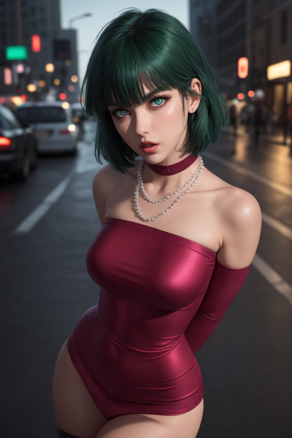 masterpiece, best quality, (detailed background), (beautiful detailed face, beautiful detailed eyes), absurdres, highres, ultra detailed, masterpiece, best quality, detailed eyes, green_eyes, green hair, alluring, open mouth, neck bone, at the city, midnight, cyberpunk scene, neon lights, light particles, (bokeh:1.1), depth of field, looking_at_viewer, pov_eye_contact, dark green hair, fair complexion, pink lips, curvy figure, chin-length, dark green hair with a fringe styled into a bob, and her eyes are light green, dark green form-fitting V-neck dress with a high collar, thigh-high black boots and several white pearl necklaces, frown, arms_crossed, arms_folded,fubuki\(one punch man\),perfecteyes