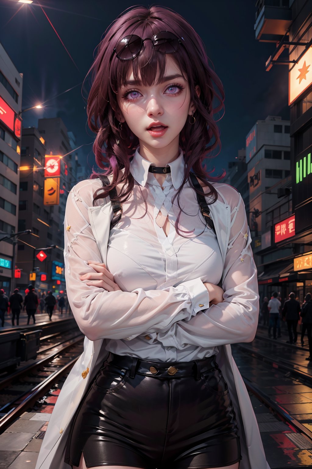 masterpiece, best quality, (detailed background), (beautiful detailed face, beautiful detailed eyes), absurdres, highres, ultra detailed, masterpiece, best quality, detailed eyes, frown, light_purple_eyes, purple hair, long hair, arms_crossed, folded arms,high collar, asian girl, upper body, sexy pose, alluring, open mouth, neck bone, space background, cyberpunk scene, neon lights, upper body, close shot, purple lightnings, eyes,kafka(honkai star rail), collared shirt, shorts, sunglasses, eyewear on head, solo, pantyhose, black shorts, coat, long sleeves,Kafka(hsr)