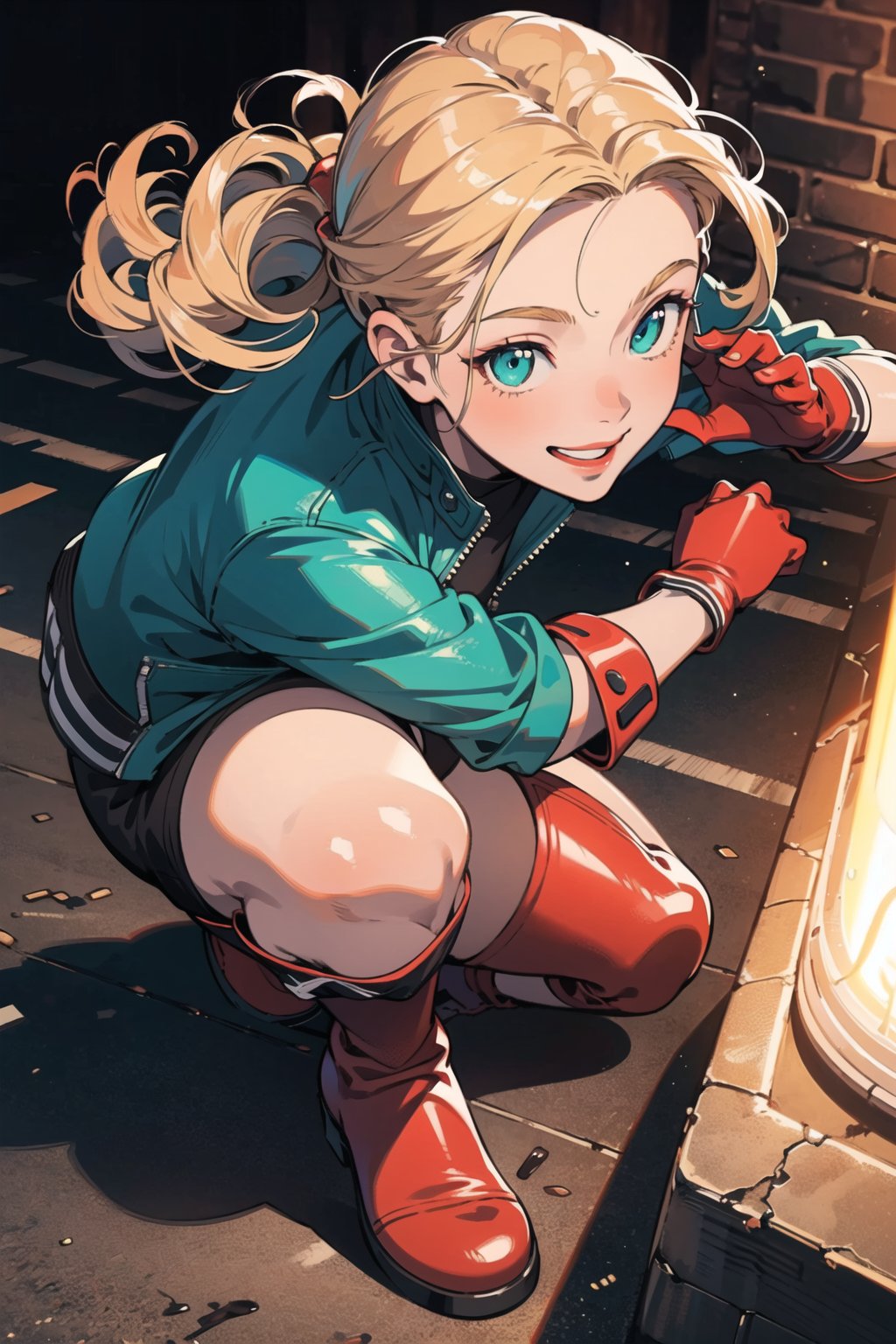 ((masterpiece)), (best quality), official art, extremely detailed CG, unity 8k wallpaper, ultra detailed, highly detailed, detailed background, vivid color, photorealistic, perfect lighting, best illumination, Cammy White, aqua eyes, Blonde hair, short hair, red boots, blue leather jacket, sport wear, red gloves, fighting pose, London, smiling 