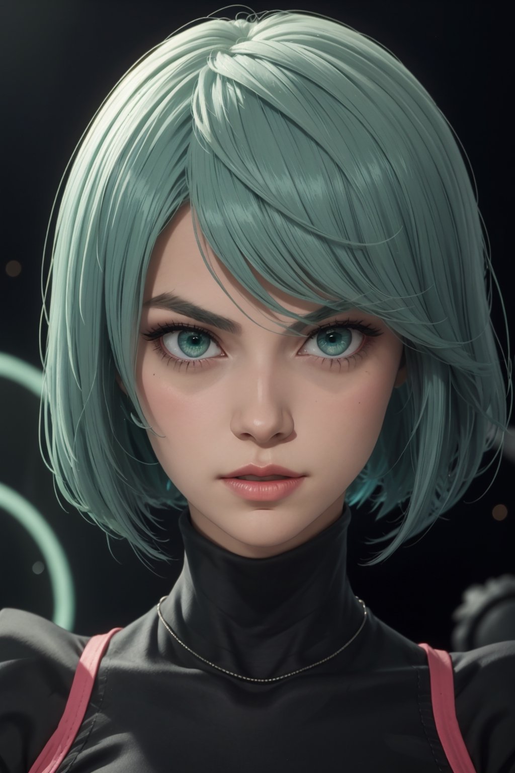 masterpiece, best quality, (detailed background), (beautiful detailed face, beautiful detailed eyes), absurdres, highres, ultra detailed, masterpiece, best quality, detailed eyes, green-eyes, green hair, alluring, closed mouth, neck bone, at the bed room, midnight, cyberpunk scene, neon lights, lightning, light particles, electric, dj theme, synthwave theme, (bokeh:1.1), depth of field, looking_at_viewer, pov_eye_contact, green hair, fair complexion, pink lips, kinki, light skin, green iris, serious, frown, smirk, 2 type b