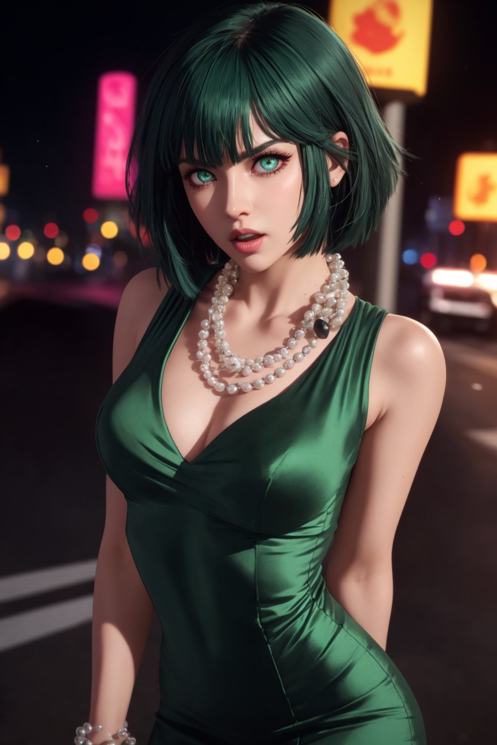 masterpiece, best quality, (detailed background), (beautiful detailed face, beautiful detailed eyes), absurdres, highres, ultra detailed, masterpiece, best quality, detailed eyes, green_eyes, green hair, alluring, open mouth, neck bone, at the city, midnight, cyberpunk scene, neon lights, lightning, light particles, electric, dj theme, synthwave theme, (bokeh:1.1), depth of field, looking_at_viewer, pov_eye_contact, dark green hair, fair complexion, pink lips, frown,fubuki\(one punch man\), curvy figure, chin-length, dark green hair with a fringe styled into a bob, and her eyes are light green, dark green form-fitting V-neck dress with a high collar, thigh-high black boots and several white pearl necklaces, frown