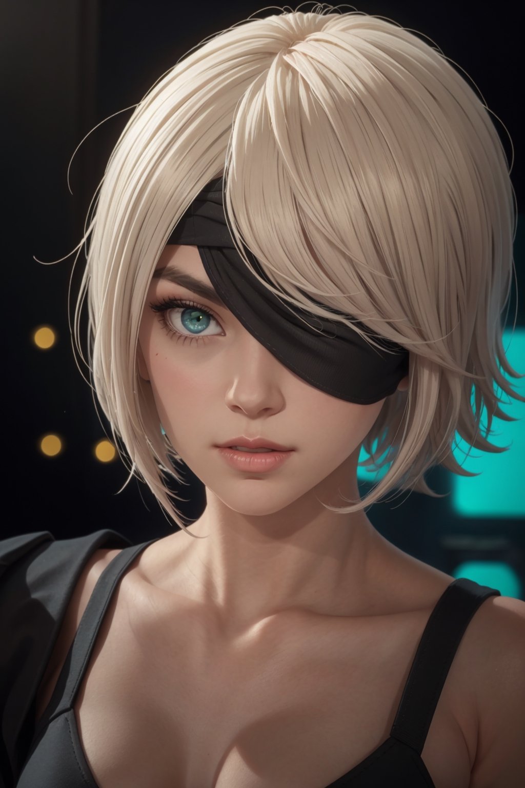 masterpiece, best quality, (detailed background), (beautiful detailed face, beautiful detailed eyes), absurdres, highres, ultra detailed, masterpiece, best quality, detailed eyes, grey-eyes, green hair, alluring, closed mouth, neck bone, at the bed room, midnight, cyberpunk scene, neon lights, lightning, light particles, electric, dj theme, synthwave theme, (bokeh:1.1), depth of field, looking_at_viewer, pov_eye_contact, green hair, fair complexion, pink lips, kinki, light skin, grey iris, serious, frown, smirk, 2 type b, blindfold