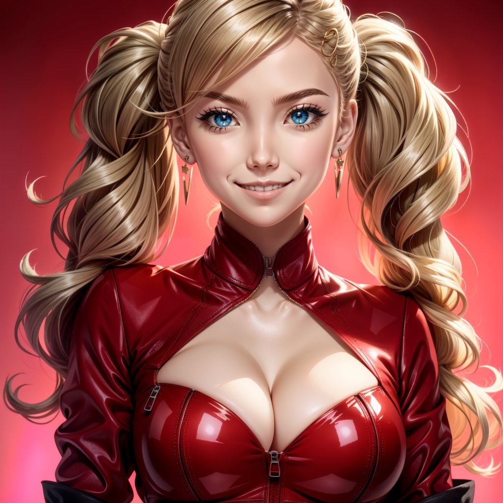 takamaki anne(persona 5), solo, jewelry, swept bangs, medium breasts, earrings, blue eyes, cleavage, pink gloves, zipper, hair ornament, smile, blonde hair, clothing cutout, upper body, bodysuit, 1girl, parted lips, twintails, hairclip, long hair, cleavage cutout, stud earrings, red background, looking at viewer, shiny, gloves