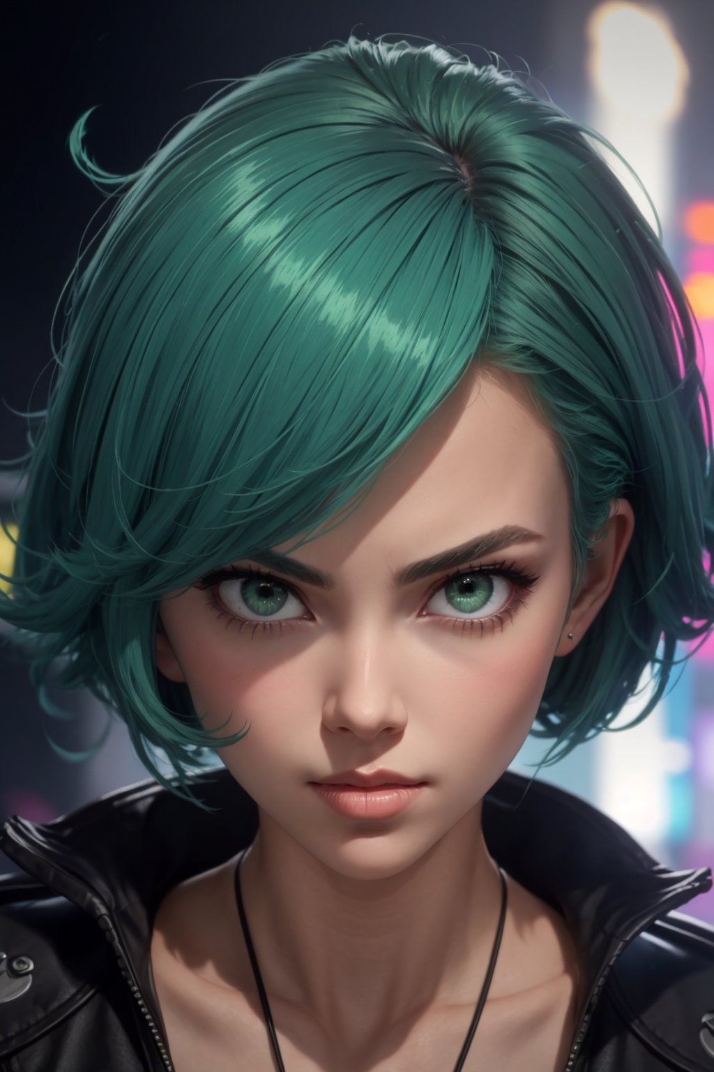 masterpiece, best quality, (detailed background), (beautiful detailed face, beautiful detailed eyes), absurdres, highres, ultra detailed, masterpiece, best quality, detailed eyes, green_eyes, green hair, alluring, open mouth, neck bone, at the city, midnight, cyberpunk scene, neon lights, lightning, light particles, electric, dj theme, synthwave theme, (bokeh:1.1), depth of field, looking_at_viewer, pov_eye_contact, green hair, fair complexion, pink lips, frown, pouty face, black thight dress, blushing, smirk, model posing