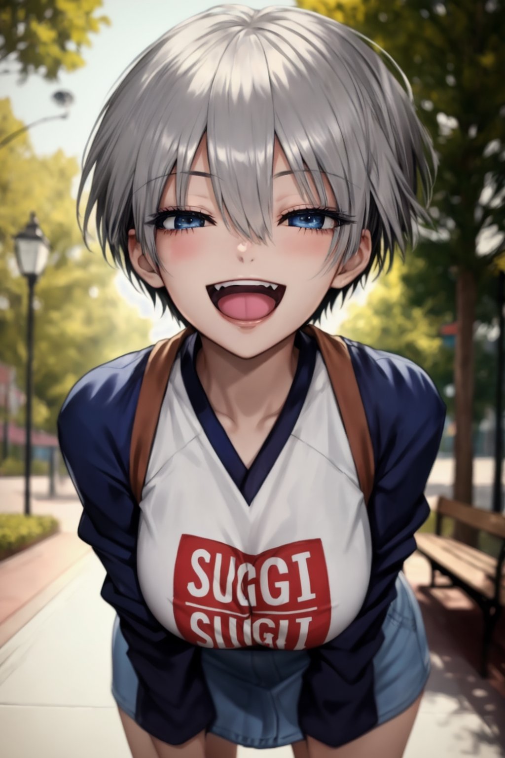 masterpiece, best quality, (detailed background), (beautiful detailed face, beautiful detailed eyes), absurdres, highres, ultra detailed, masterpiece, best quality, detailed eyes, blue-eyes, silver hair, hair bangs, alluring, open mouth, neck bone, at a park, (bokeh:1.1), depth of field, looking_at_viewer, Uzaki hana, pov_eye_contact, silver hair, fair complexion, pink lips, kinki, alluring, light skin, blue iris, smirk, kissing, bob hairstyle, hair bangs, long-sleeve shirt with the words sugoi dekai printed on the front, denim short light blue skirt, panty_hose, medium_breasts, black nape hair, perfecteyes,closed_eyes, model pose, laughing