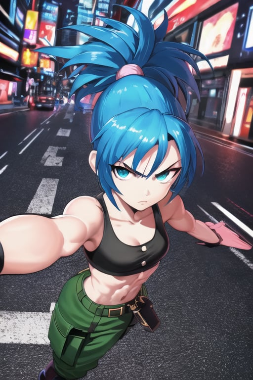 masterpiece, best quality, (detailed background), (beautiful detailed face, beautiful detailed eyes), absurdres, highres, ultra detailed, masterpiece, best quality, detailed eyes, solo, Leona, From King of Fighters, bright blue hair, long hair, Spiky pony tail, Green Cargo pants, black crop top, black gloves, in the city, midnight, neon lights, serious face, small waist, combat boots, perfect body, parted_lips, marked abs, upper_body, fighting pose