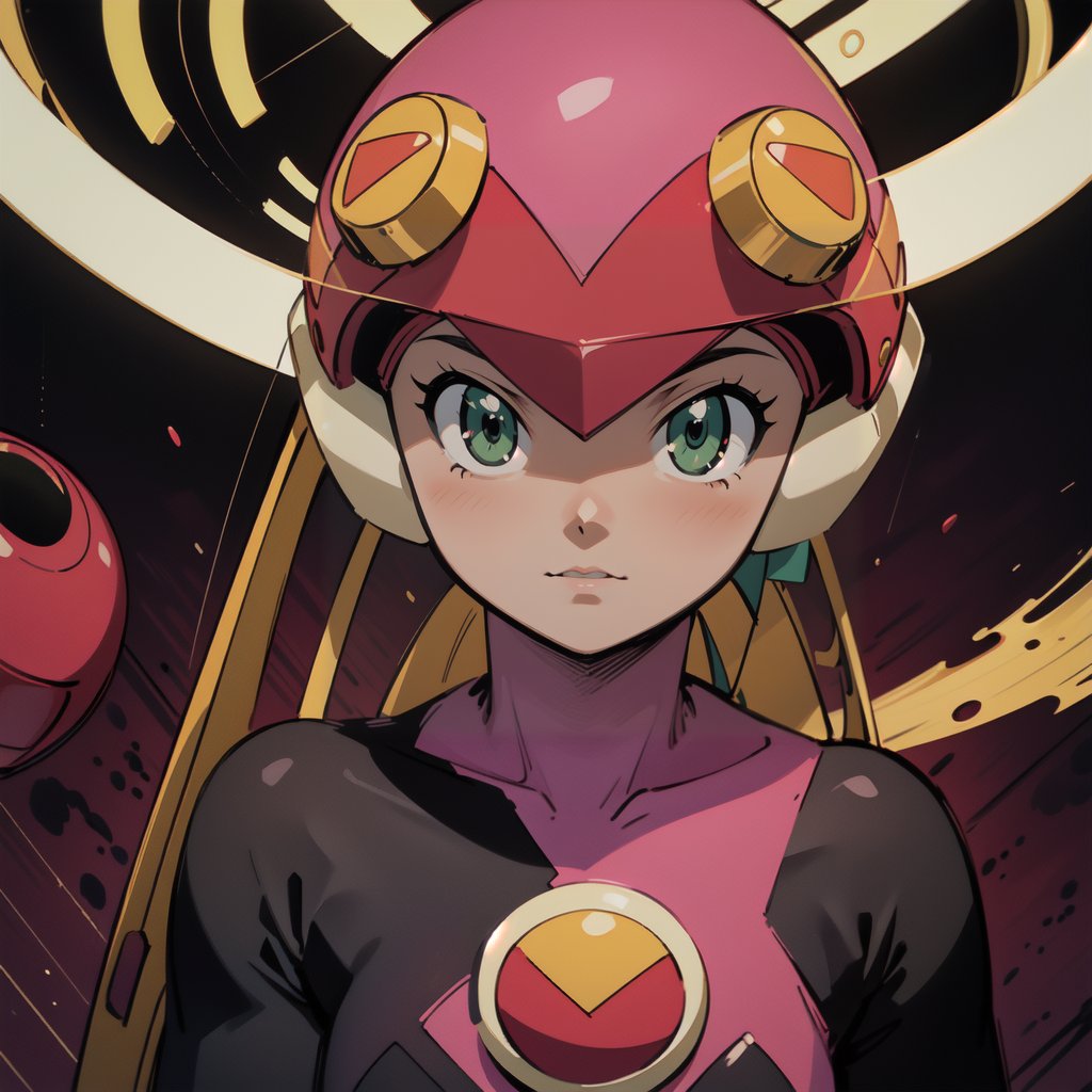 masterpiece, best quality, (detailed background), (beautiful detailed face, beautiful detailed eyes), absurdres, highres, ultra detailed, masterpiece, best quality, detailed eyes, green eyes ,mecha musume,guiltys, lightweight bodysuit-type, with a mixture of the colors pink, red, black highlighting different parts of her body, Attached to her helmet is a pair of transparent ribbon-like antennae