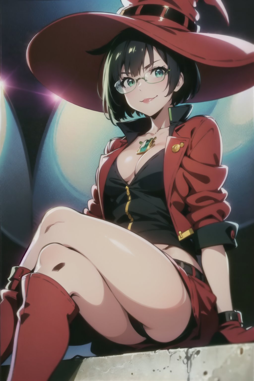 masterpiece, best quality, (detailed background), (beautiful detailed face, beautiful detailed eyes), absurdres, highres, ultra detailed, masterpiece, best quality, detailed eyes, green_eyes, black hair, sexy pose, alluring, closed mouth, close-fitting clothing, neck bone, at a concert, midnight, cyberpunk scene, neon lights, lightning, light particles, electric, dj theme, synthwave theme, (bokeh:1.1), depth of field, looking_at_viewer, pov_eye_contact, upper_body, guiltys, inoMS, black buttoned short top, cleavage, red jacket, high heel boots, black fingerless gloves, black hair in a bob cut, fair complexion, red lips, mole on left cheek, witch hat that has a skull face on it, glasses with green crystal, smiling, red short-shorts, smirk, inoMS, laying_down, kinki, crossed_legs_(lying),fate/stay background