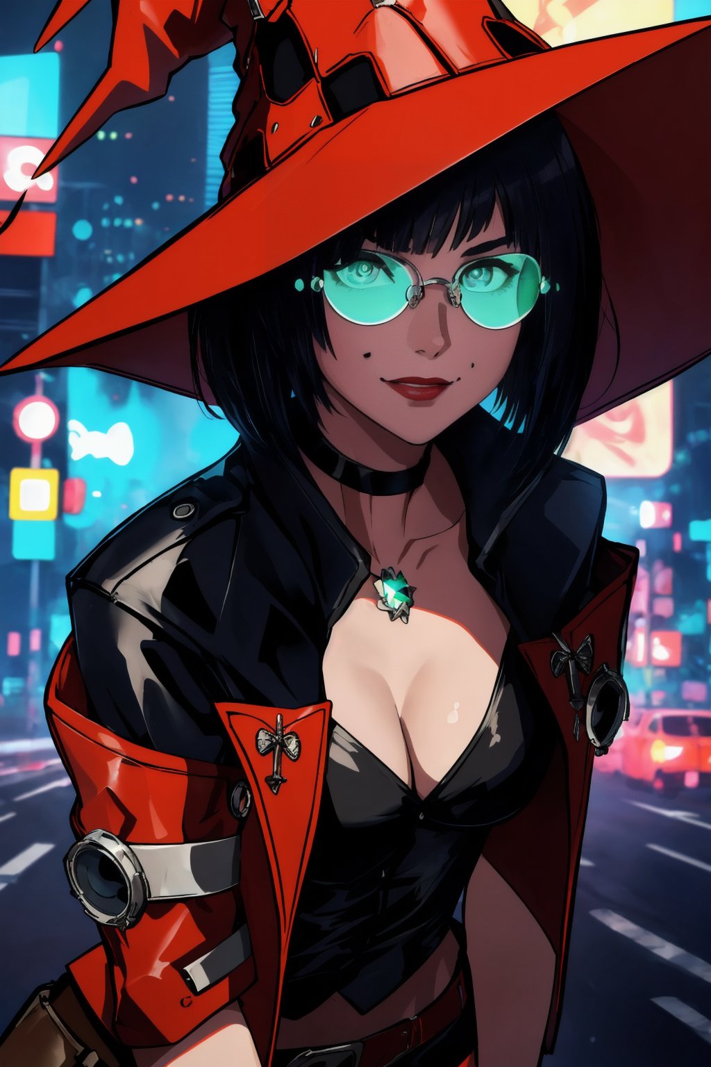 masterpiece, best quality, (detailed background), (beautiful detailed face, beautiful detailed eyes), absurdres, highres, ultra detailed, masterpiece, best quality, detailed eyes, frown, green_eyes, black hair, sexy pose, alluring, close mouth, close-fitting clothing, neck bone, at the city , midnight, cyberpunk scene, neon lights, lightning, light particles, electric, dj theme, synthwave theme, (bokeh:1.1), depth of field, looking_at_viewer, pov_eye_contact, upper_body, guiltys, inoMS, black buttoned short top, cleavage, red jacket, high heel boots, black fingerless gloves, black hair in a bob cut, fair complexion, red lips, left cheek mole, witch hat that has a skull face on it, glasses with green crystal, smiling, red short-shorts that are open on one side, arms_crossed, arms_folded,InoXrd