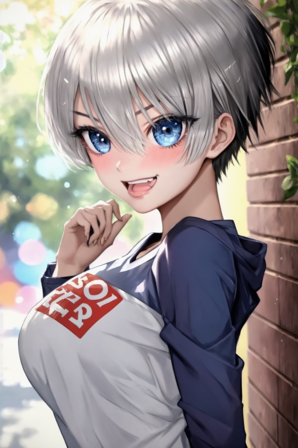 masterpiece, best quality, (detailed background), (beautiful detailed face, beautiful detailed eyes), absurdres, highres, ultra detailed, masterpiece, best quality, detailed eyes, blue-eyes, silver hair, hair bangs, alluring, open mouth, neck bone, at a university, (bokeh:1.1), depth of field, looking_at_viewer, Uzaki hana, pov_eye_contact, silver hair, fair complexion, pink lips, kinki, alluring, light skin, blue iris, smirk, bob hairstyle, hair bangs, long-sleeve shirt with the words sugoi dekai printed on the front, denim short light blue skirt, black leggins, medium_breasts, black nape hair, perfecteyes, perfecteyes, posing, laughing, upper_body, blushing, kissing, giving kiss, laughing out loud, hands on cheeks