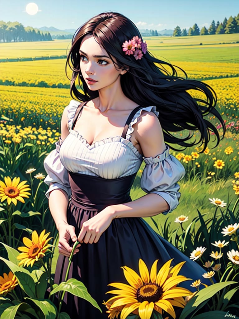 A woman gathering flowers in the field, better definition in the face