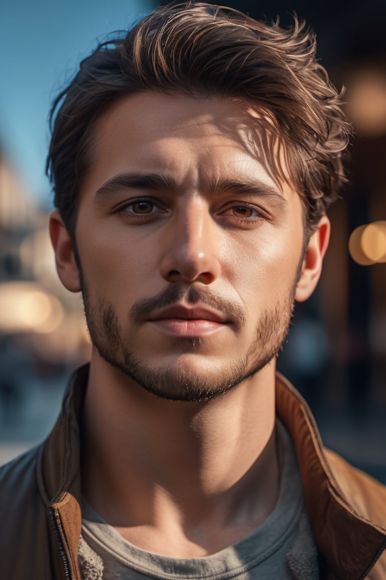 A middle age man, 27 years old, with brown hair facing the camera, digital art, 8k, future, Cinematic, Photography, Ultra - Wide Angle, Depth of Field, hyper - detailed, insane details, intricate details, beautifully color graded, Unreal Engine 5, Cinematic, Photoshoot, Shot on 25mm lens