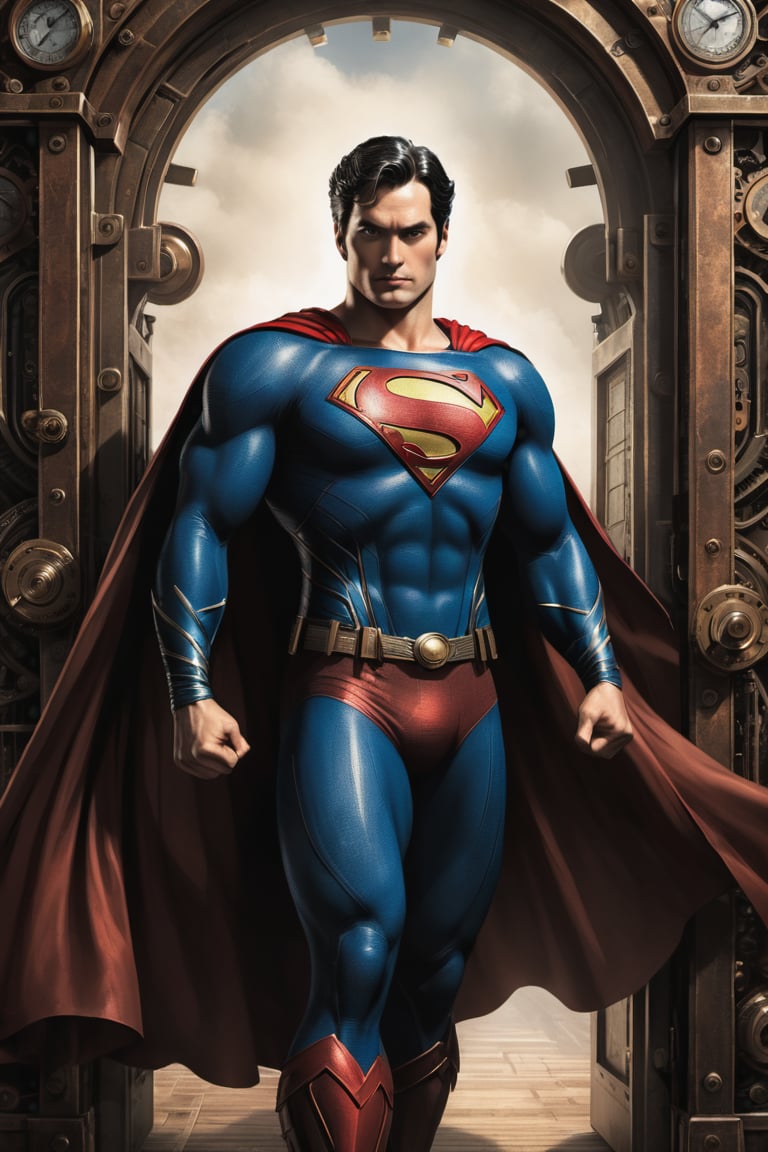 ((Superman of DC comics illustration in steampunk stile,)) ((full body view.)) (( Action pose)) (Masterpiece, Best quality), (finely detailed eyes), (finely detailed eyes and detailed face), (Extremely detailed CG, intrincate detailed, Best shadow), conceptual illustration, (illustration), (extremely fine and detailed), (Perfect details), (Depth of field), in the door of a wilding background,more detail XL