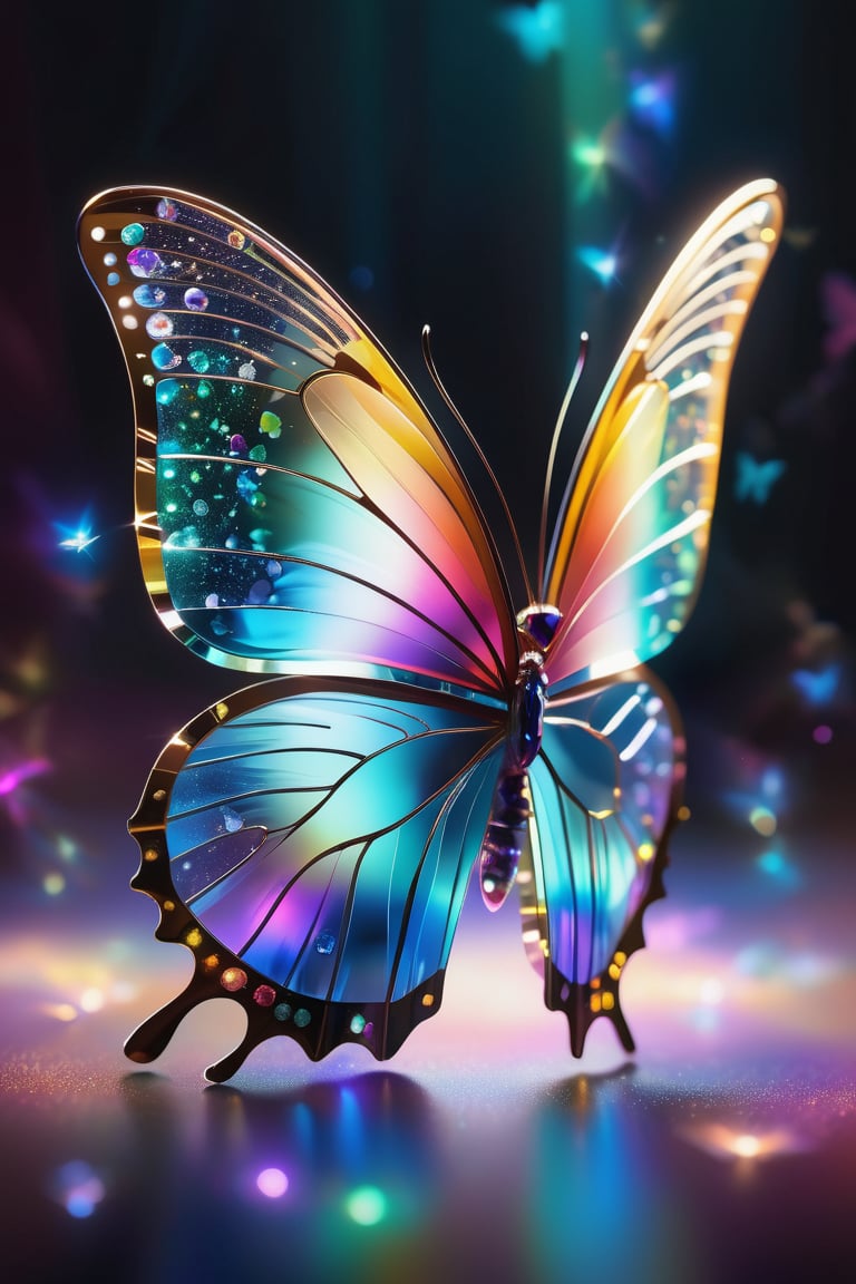 A mesmerizing 3D rendering of a transparent, iridescent crystal "C", where a graceful, iridescent crystal butterfly is delicately perched. The butterfly's wings, adorned with a symphony of rainbow hues, shimmer under the soft, ethereal glow. The background is a serene, dreamlike space, filled with delicate wisps of light. The overall atmosphere exudes a sense of enchantment and wonder., vibrant, fashion