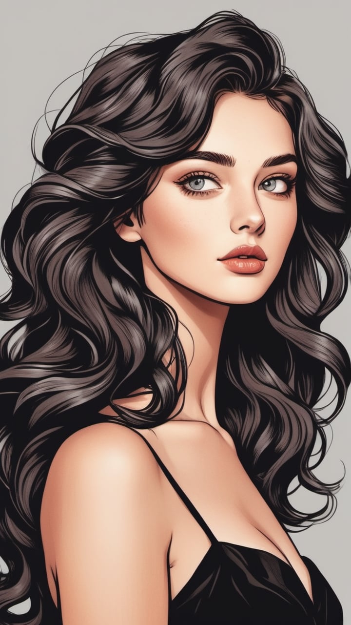 Beautiful woman with black midi ling wavy hair and gray eyes, photography, realistic, high contrast,ink draw,Comic book Grzegorz Rosiński style, Vector Drawing
 , professional, 4k, mutted colors, vintage, ,Flat vector art,Vector illustration,flat design,Illustration