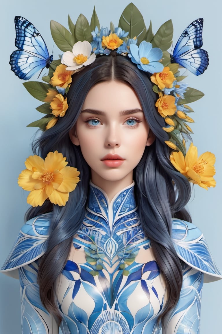 1girl, Lana Rhoades,  ((light blue eyes)), (full body) Paint a full-body picture of the perfect balance between art and nature, Incorporate elements like flowers, leaves, animals, and other natural patterns to create a unique and intricate design, symmetrical,perfect_symmetry,Leonardo Style,oni style, line_art,3d style, white background