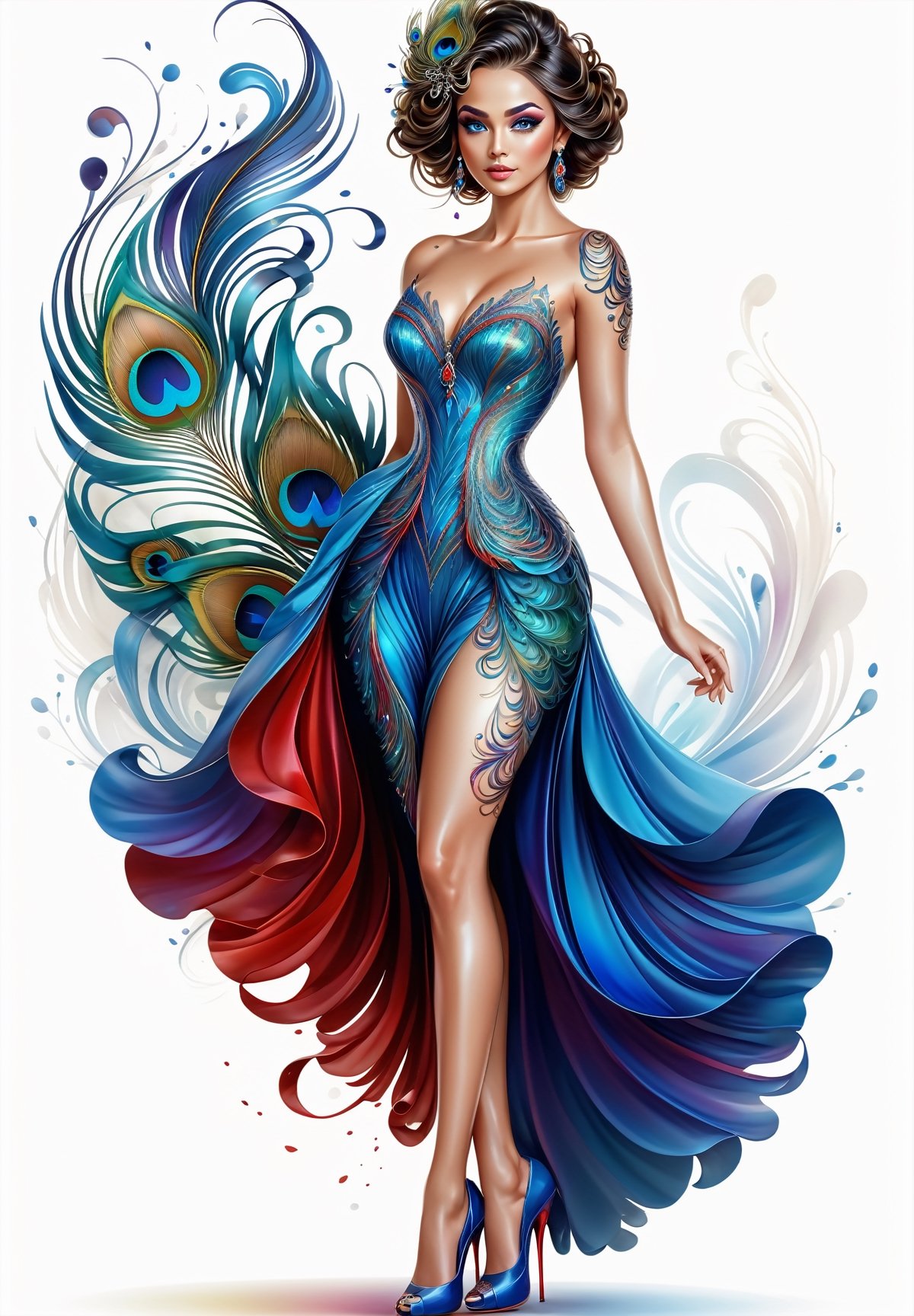 thin and very fine color lines stroke, ink splash art, 1 liquid lady made of colors, colorful peacock feathers, filigree, filigree detailed, swirling blue waves and red flame, intricated walking pose, big beautiul eyes, reflections, full body portrait, crystal high heels,