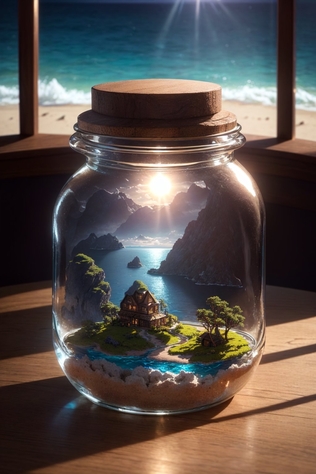 masterpiece, best quality, ultra detailed, hyperresolution, ultra-resolution
Island inside glass jar, glass jar, island middle of ocean, miniature island, mini island, ocean inside jar, ocean, cinematic, jar on table, brown table, bokeh, dark room, sun light, dungeon, background blur,mini\(ttp\)