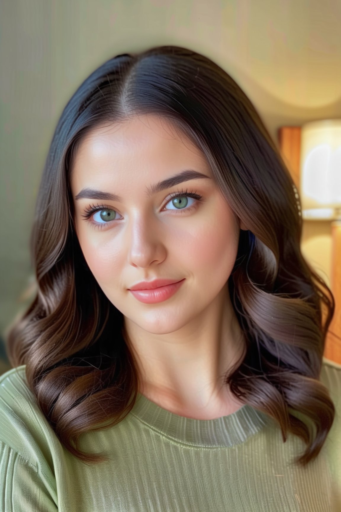 27-year-old Nordic , Black beautiful hair,  with hazel light green eyes, dark interior background, bright light on female face, It's a real photo effect,ch3ls3a,h4n3n