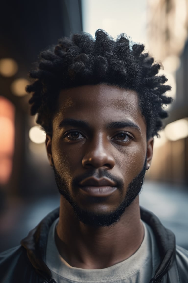 A middle age man, 27 years old, afroamerican man, dark skin, with Black hair facing the camera, digital art, 8k, future, Cinematic, Photography, Ultra - Wide Angle, Depth of Field, hyper - detailed, insane details, intricate details, beautifully color graded, Unreal Engine 5, Cinematic, Photoshoot, Shot on 25mm lens