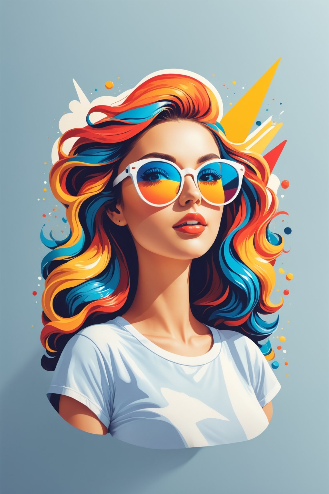 artwork of t-shirt graphic design, flat design of one retro ,retro girl, colorfull shades, highly detailed clean, vector image, photorealistic masterpiece, professional photography, simple sunrise backdrop , flat white background, isometric, vibrant vector((white background)),flat design. color splash,