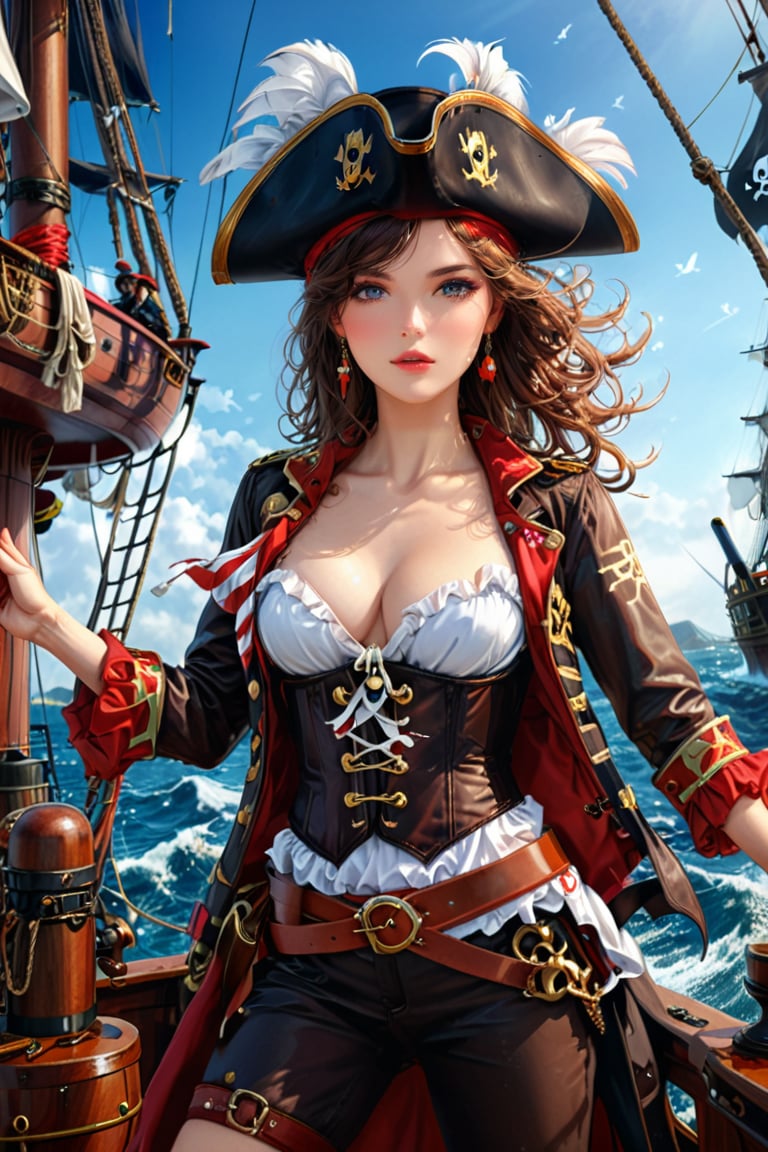 Very beautiful anime girl with a pirate captain jacket, leather corset, trousers and pirate hat, intricately detailed accessories. She is on the deck of her ship and cheers her crew on to fight. Masterpiece, realistic illustration, extremely detailed, intricately sharp details, (ships battle) on background 