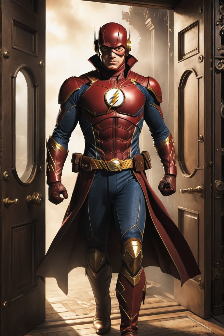 ((flash of DC comics illustration in steampunk stile,)) ((full body view.)) (( Action pose)) (Masterpiece, Best quality), (finely detailed eyes), (finely detailed eyes and detailed face), (Extremely detailed CG, intrincate detailed, Best shadow), conceptual illustration, (illustration), (extremely fine and detailed), (Perfect details), (Depth of field), in the door of a wilding background,more detail XL