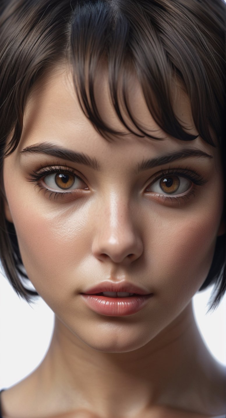 Hyperrealistic sexy Girl Portrait,CLOSE UP, BLACK SHORT hair,ultra detail light brown hazel eyes,face,perfect body**: An extremely high-resolution hyperrealistic portrait of a girl, pushing the boundaries of realism with fine textures and lifelike details.
