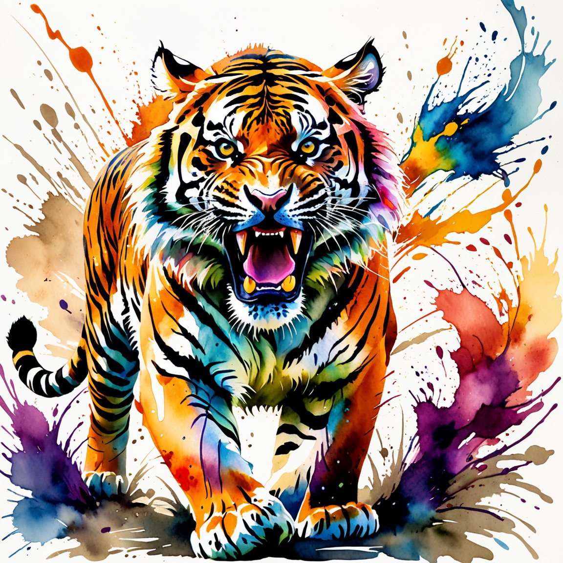 A wild tiger is roaring fiercely, charging directly towards the camera with a fierce expression. The imagery is captured in a dynamic watercolor style, showcasing vibrant colors and fluid strokes. Splashes and splatters around the tiger indicate its rapid movement and wild energy. The details of the body are particularly rich, with vivid colors to emphasize its impressive size and regal demeanor.