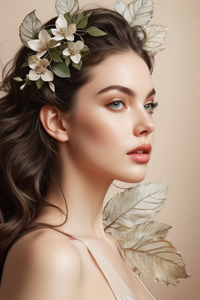 Lana rhoades face, Attractive Nature's Essence. A captivating image portraying a serene female figure emerging gracefully from intertwined vines, her skin adorned with subtle leaf patterns. Her delicate floral hairpiece blends seamlessly with the vibrant environment. Her serene expression connects deeply with nature, and the minimalist background consists of faint, flowing lines that accentuate the ethereal beauty of the scene. This organic minimalist piece is brilliantly brought to life with earthy tones and soft watercolor techniques, creating a sense of harmony between the human and natural world.