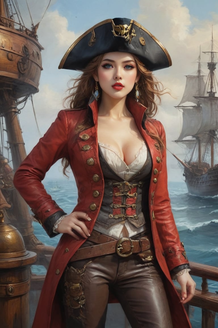 Oil painting full body of a very beautiful pirate captain manga girl, perfect detailed eyes, perfect detailed nose, perfect detailed lips. She wears a red leather long jacket with golden buttons, shirt adorned with lace, brown leather trousers, Intricately detailed accessories and pirate hat. She is on the deck of her ship and cheers her crew on to fight during the battle. Dynamic pose. Masterpiece, vibrant colors, eerie detail perfection, absurdres detail, realistic illustration, extremely detailed, intricately sharp details, sharp focus, chaotic (ships battle scenario:1.3), ships on background 