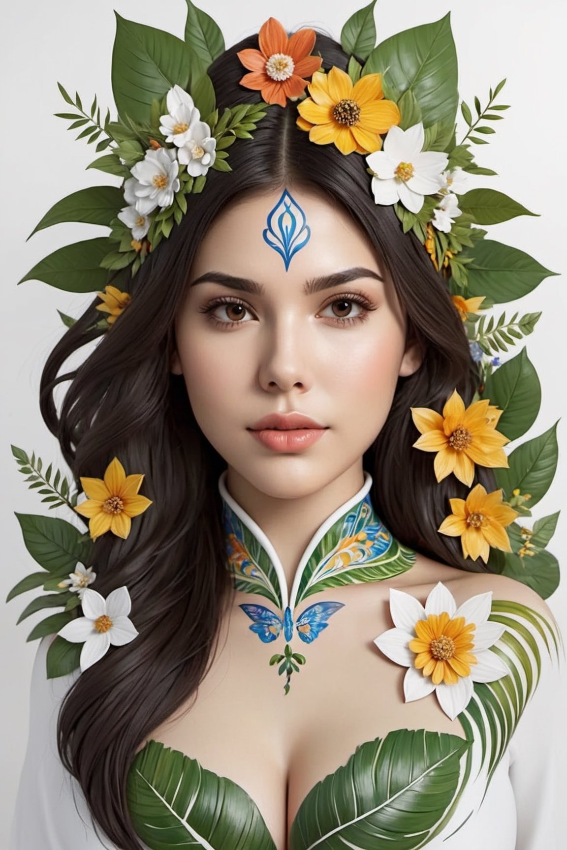 1girl, Valentina Nappi, (full body) Paint a full-body picture of the perfect balance between art and nature, Incorporate elements like flowers, leaves, animals, and other natural patterns to create a unique and intricate design, symmetrical,perfect_symmetry,Leonardo Style,oni style, line_art,3d style, white background