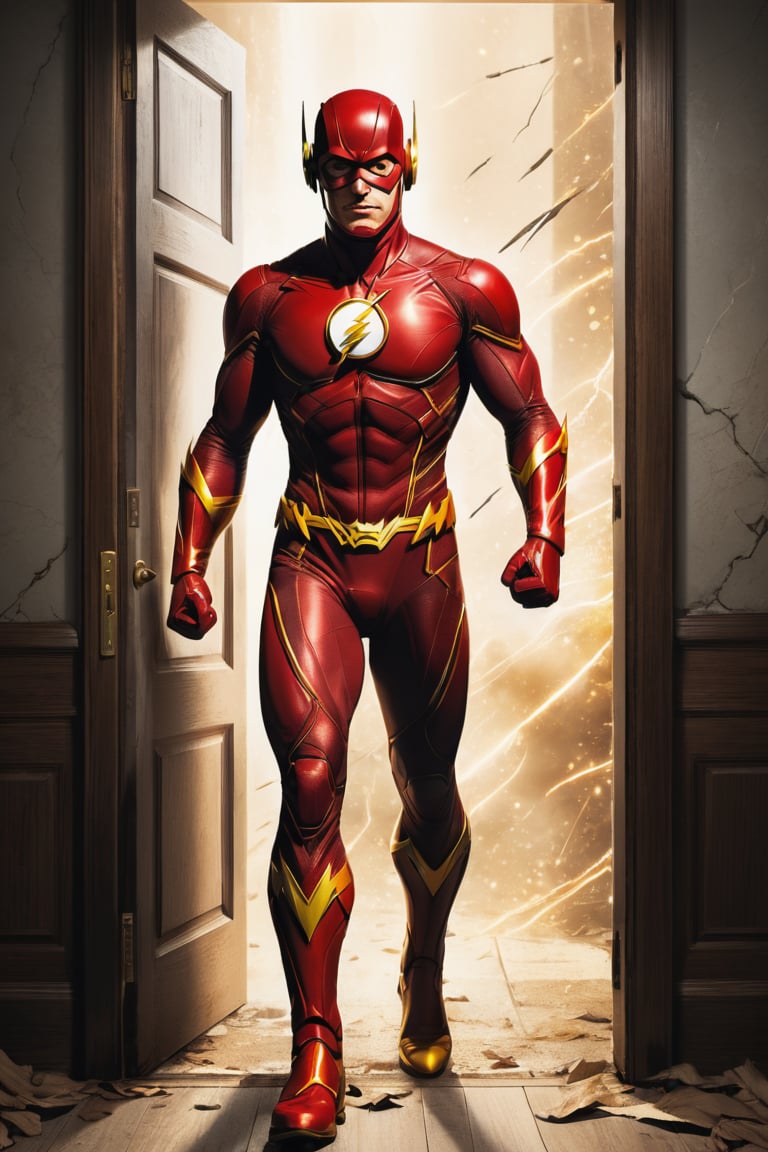 ((flash of DC comics illustration in original look stile,)) ((full body view.)) (( Action pose)) (Masterpiece, Best quality), (finely detailed eyes), (finely detailed eyes and detailed face), (Extremely detailed CG, intrincate detailed, Best shadow), conceptual illustration, (illustration), (extremely fine and detailed), (Perfect details), (Depth of field), in the door of a wilding background,more detail XL