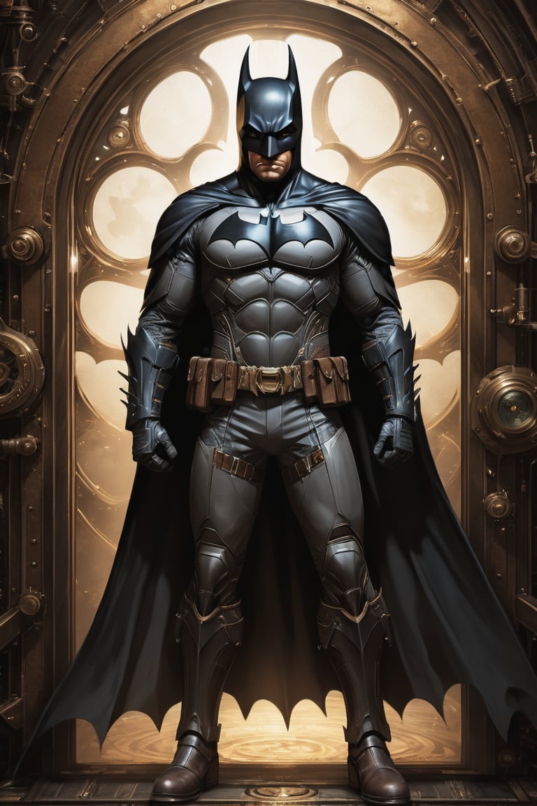((Batman of DC comics illustration in steampunk stile,)) ((full body view.)) (( Action pose)) (Masterpiece, Best quality), (finely detailed eyes), (finely detailed eyes and detailed face), (Extremely detailed CG, intrincate detailed, Best shadow), conceptual illustration, (illustration), (extremely fine and detailed), (Perfect details), (Depth of field), in the door of a wilding background,more detail XL
