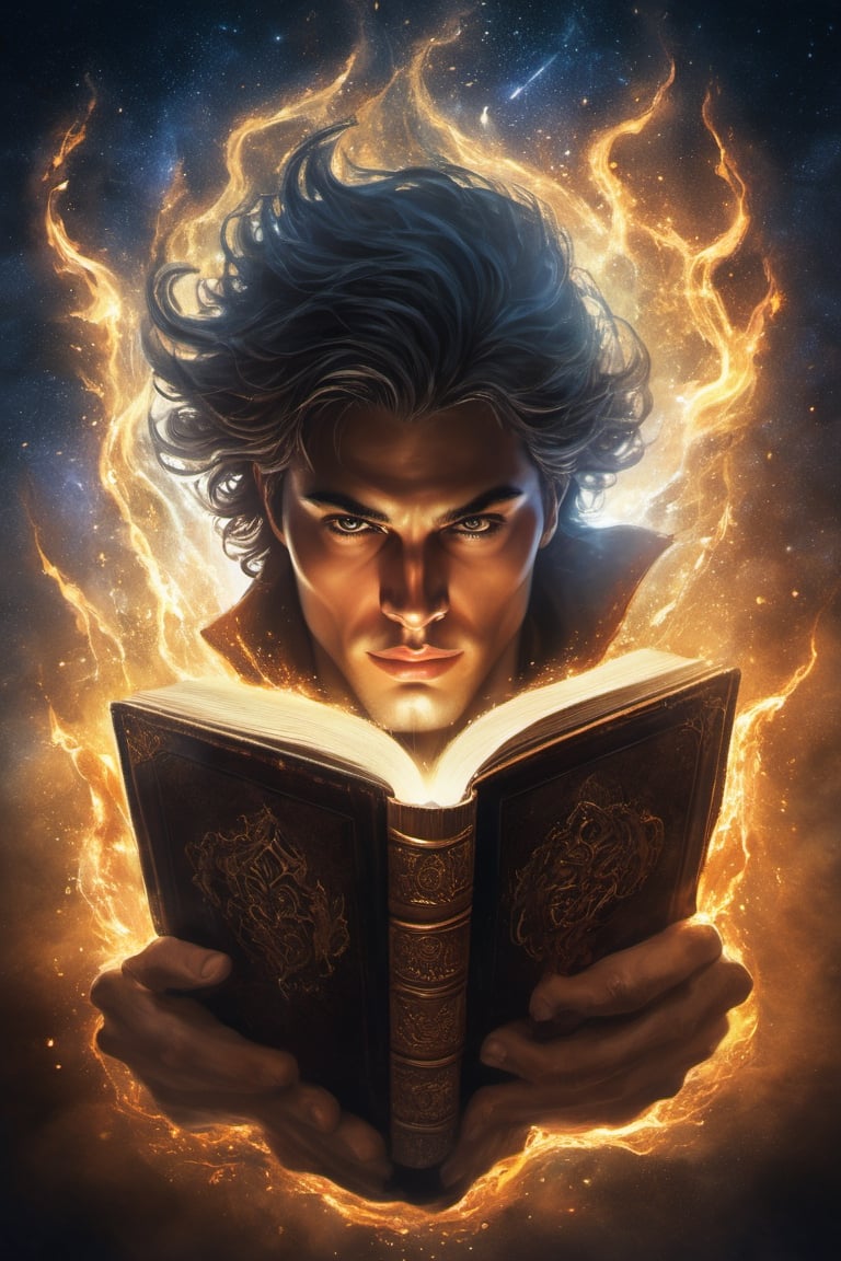 A graphic illustration of a magic book with a male face rising from it, detailed, magic energy, hyperrealism, digital art, Mysterious