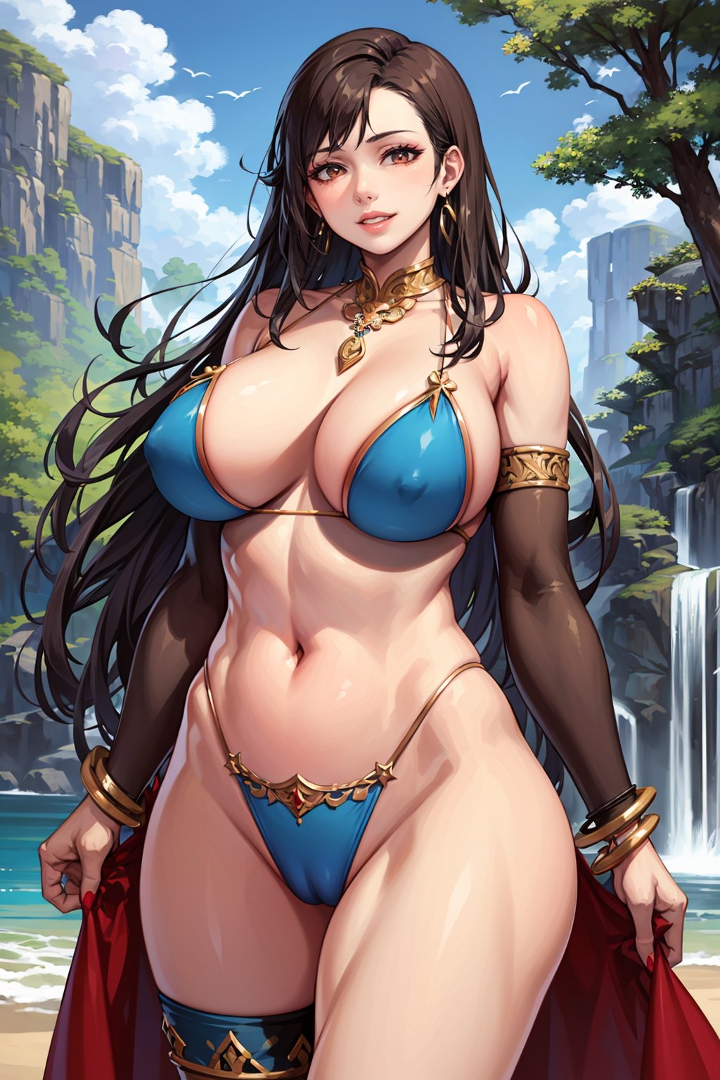 1girl, pose, cowboy shot, blush, bow, large breasts, brown hair, pale skin, (very long hair), multicolored wavy hair, looking at viewer, navel, curvy, narrow waist, toned, huge breasts,

jewelry, necklace, hoop earrings, belly chain, bracelet, bangle, navel, makeup, lipstick, red bikini, ornate clothes, ornate, robe, princess, gloves, thighhighs, cameltoe, highleg leotard, see-through sleeves, see-through sarong,

blanket , hay , parted lips , smile , solo , highres, masterpiece, best quality, high quality, absurdres, scenery, beach, waterfall, dappled_sunlight,