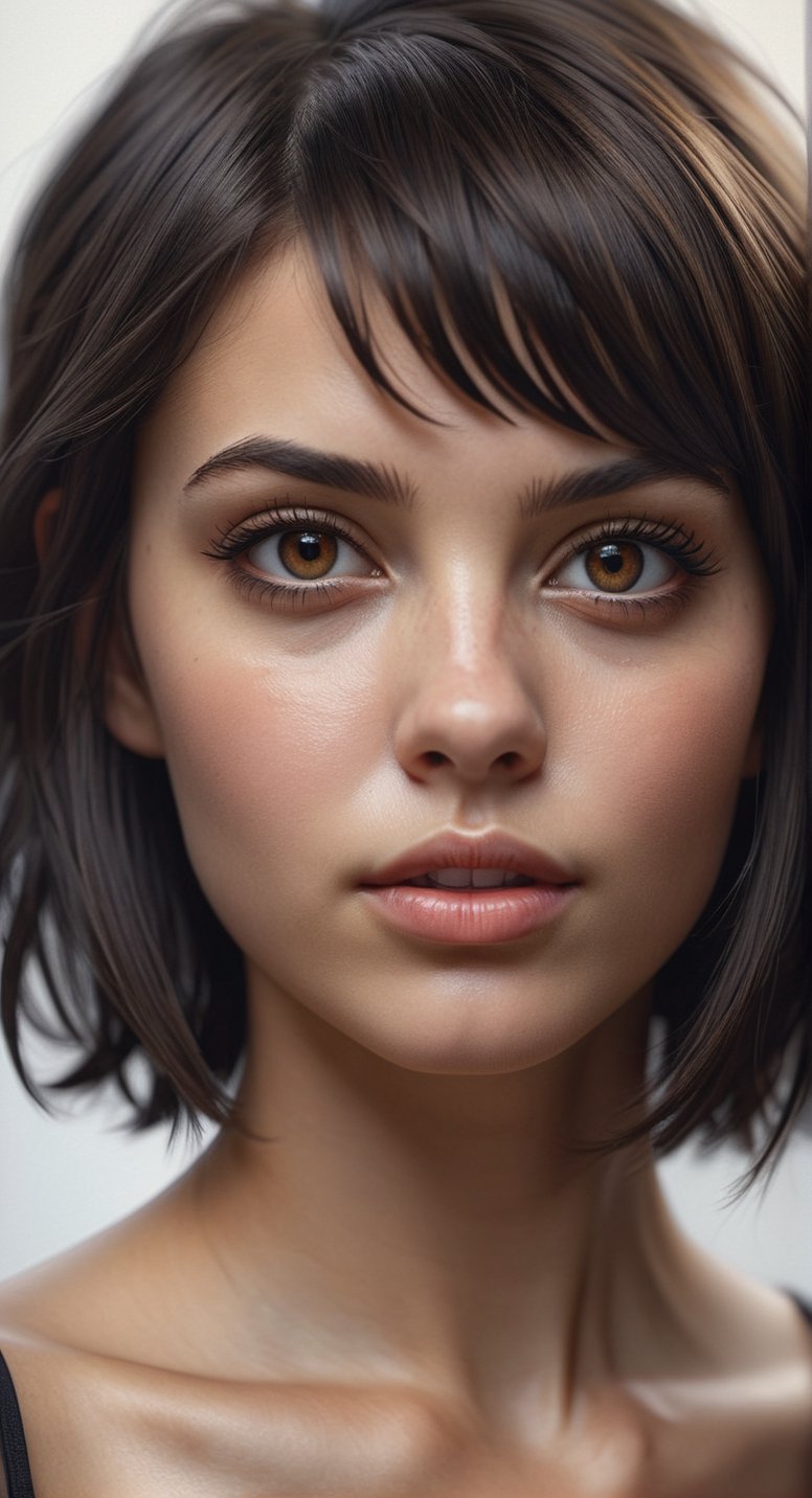 Hyperrealistic sexy Girl Portrait,CLOSE UP, BLACK SHORT hair,ultra detail light brown hazel eyes,face,perfect body**: An extremely high-resolution hyperrealistic portrait of a girl, pushing the boundaries of realism with fine textures and lifelike details.
