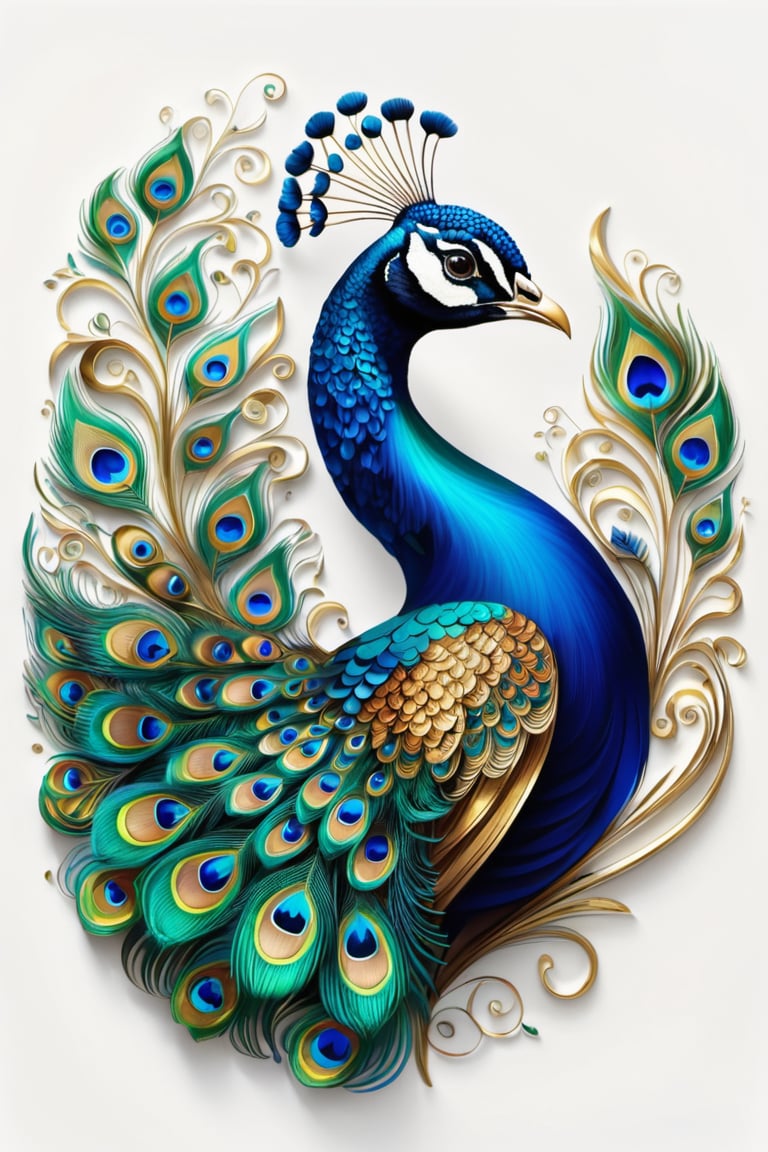 Draw a picture of an eye-catching bird ( beautiful peacock)  and blend it with the perfect balance between art and nature, combining elements such as flowers, leaves, and other natural motifs to create unique and intricate designs with symmetry, perfect_symmetry, Leonardo style, ghost style, line_art, 3D style, white background