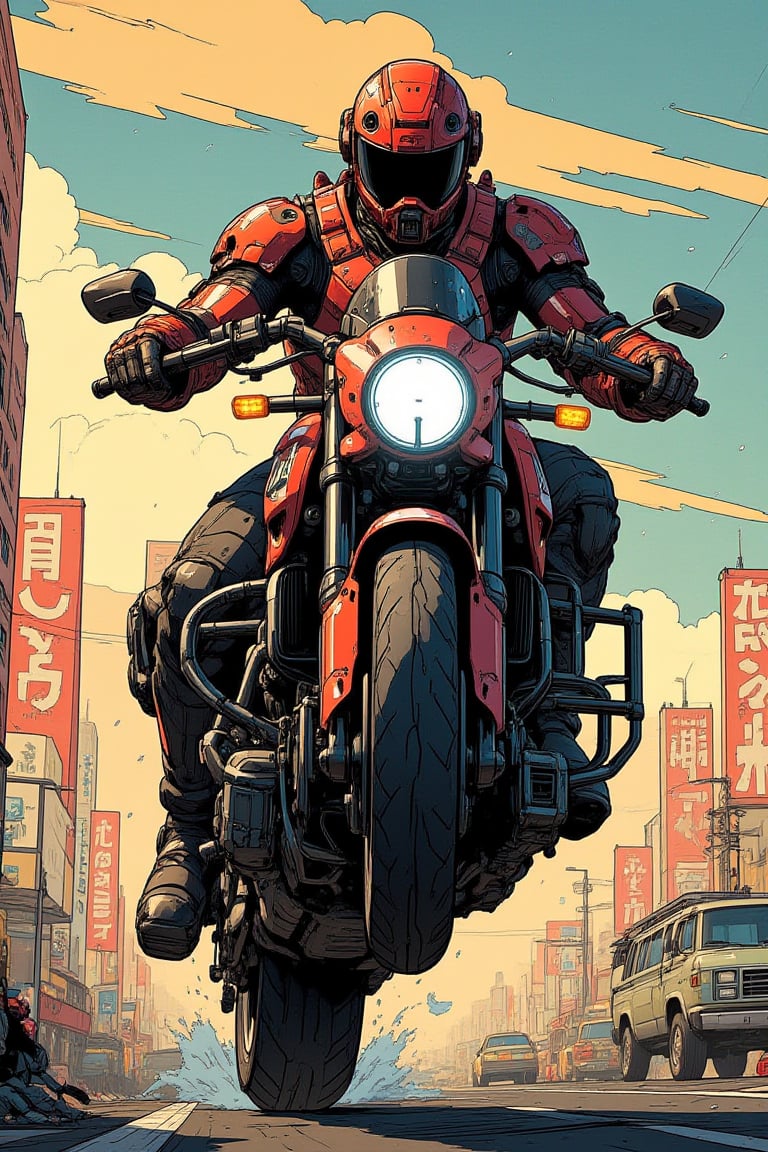 Masterpiece, professional, award-winning, intricate details, ultra high detailed, 64k, volumetric light, dynamic lighting, Movie Aesthetic, action shot, comic book panels by Travis Charest and Phil Noto (colored). Bike In the style of Hideo Kojima, superb detail, It must not be commonplace, Must have a very complex structure, Must have a very high degree of randomness, Must be an image that no one has ever seen before, It has to be very original, Must have tremendous detail, It has to be of the highest artistic quality, It has to be the ultimate, Failure is not an option.