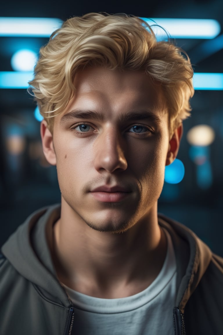 A middle age man, 24 years old, with Blonde hair facing the camera, digital art, 8k, future, Cinematic, Photography, Ultra - Wide Angle, Depth of Field, hyper - detailed, insane details, intricate details, beautifully color graded, Unreal Engine 5, Cinematic, Photoshoot, Shot on 25mm lens