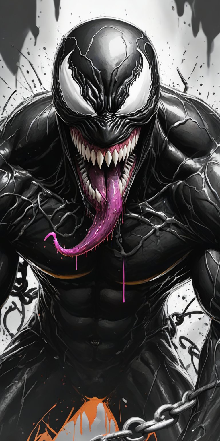 Black and white sketch, realistic, Venom, Marvel comics, chains, (((splashes of neon colors)))), neon colors