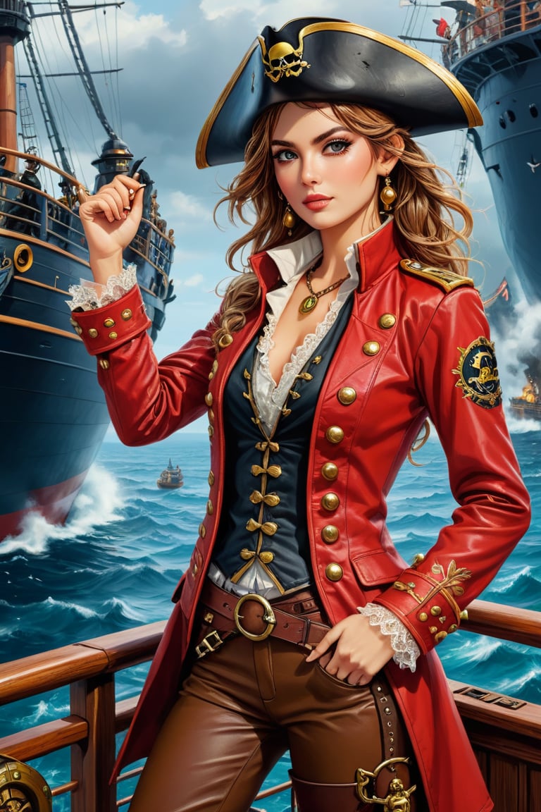 Oil painting full body of a very beautiful pirate captain manga girl, perfect detailed eyes, perfect detailed nose, perfect detailed lips. She wears a red leather long jacket with golden buttons, shirt adorned with lace, brown leather trousers, Intricately detailed accessories and pirate hat. She is on the deck of her ship and cheers her crew on to fight during the battle. Dynamic pose. Masterpiece, vibrant colors, eerie detail perfection, absurdres detail, realistic illustration, extremely detailed, intricately sharp details, sharp focus, chaotic (ships battle scenario:1.3), ships on background