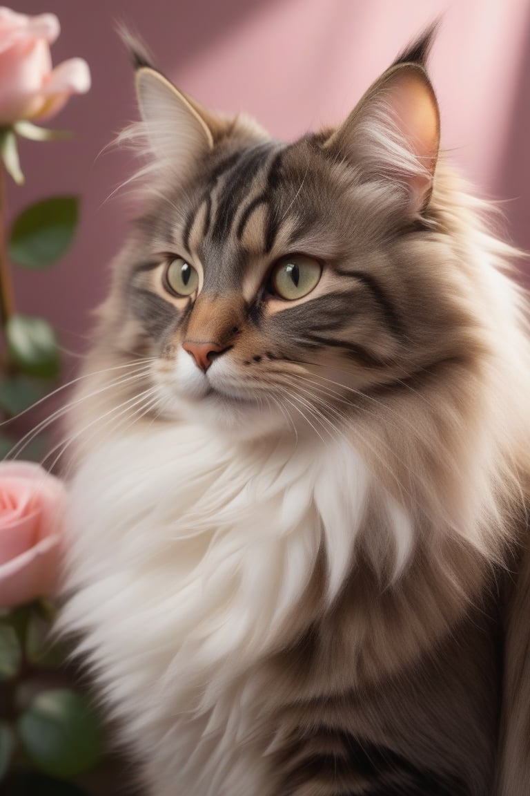 Hyperdetailed, RAW photography of an Norwegian forest cat sits in front of a pink rose and smells it dreamily, sunrays, colors, perfect lighting, shadows,Beautify, Epicrealism, intricate, detailed, 500px, promo shot,