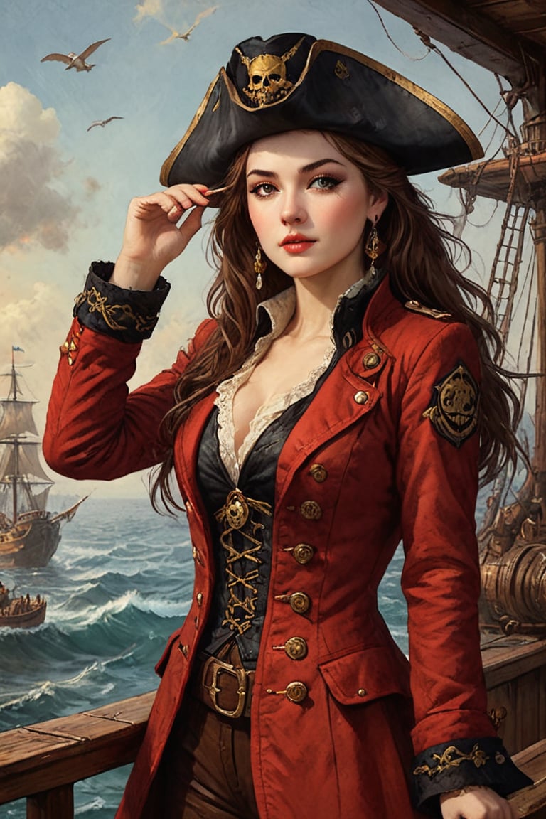 Oil painting of a very beautiful pirate captain  manga girl, perfect detailed eyes, perfect detailed nose, perfect detailed lips. She wears a red and black velvet long jacket with golden buttons, shirt adorned with lace, brown leather trousers, Intricately detailed accessories and pirate hat. She is on the deck of her ship and cheers her crew on to fight during the battle. Dynamic pose. Masterpiece, vibrant colors, eerie detail perfection, absurdres detail, realistic illustration, extremely detailed, intricately sharp details, sharp focus, chaotic (ships battle scenario:1.3), ships on background 