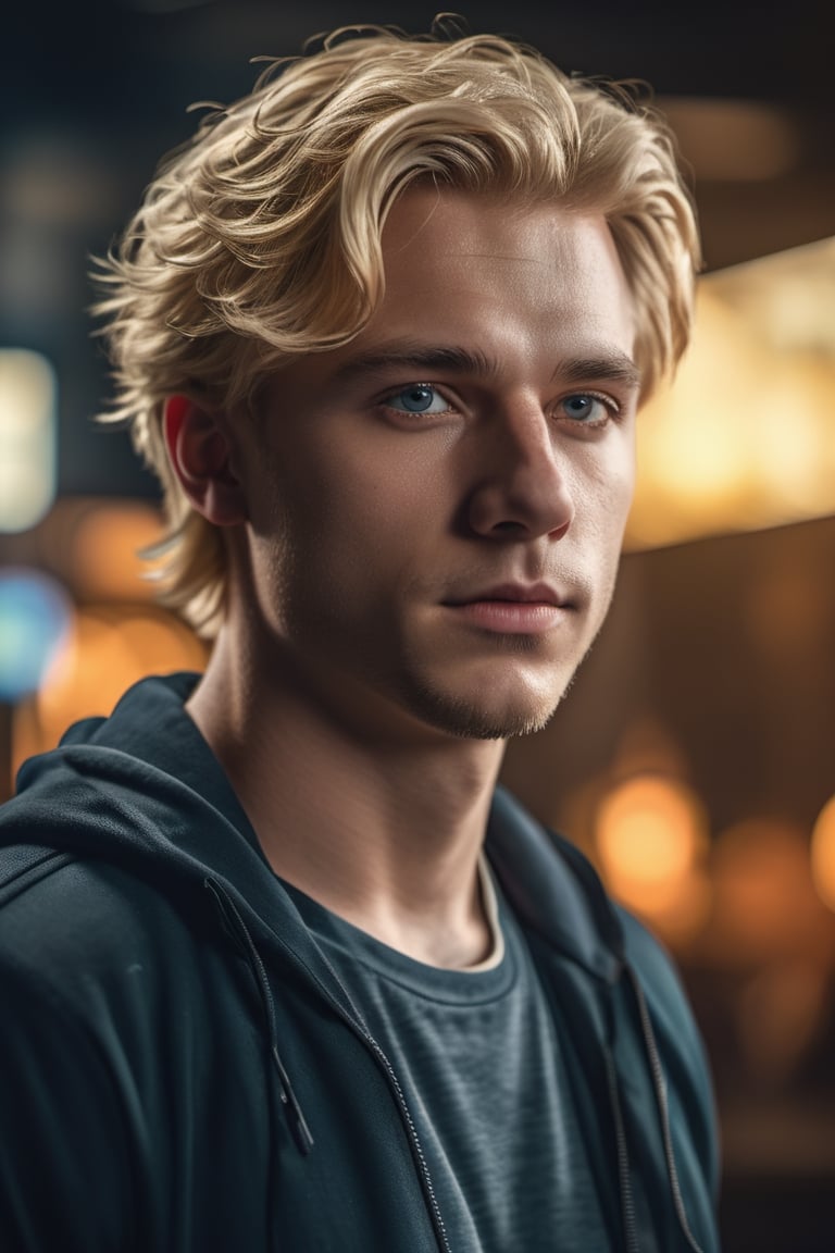 A middle age man, 24 years old, with Blonde hair facing the camera, digital art, 8k, future, Cinematic, Photography, Ultra - Wide Angle, Depth of Field, hyper - detailed, insane details, intricate details, beautifully color graded, Unreal Engine 5, Cinematic, Photoshoot, Shot on 25mm lens