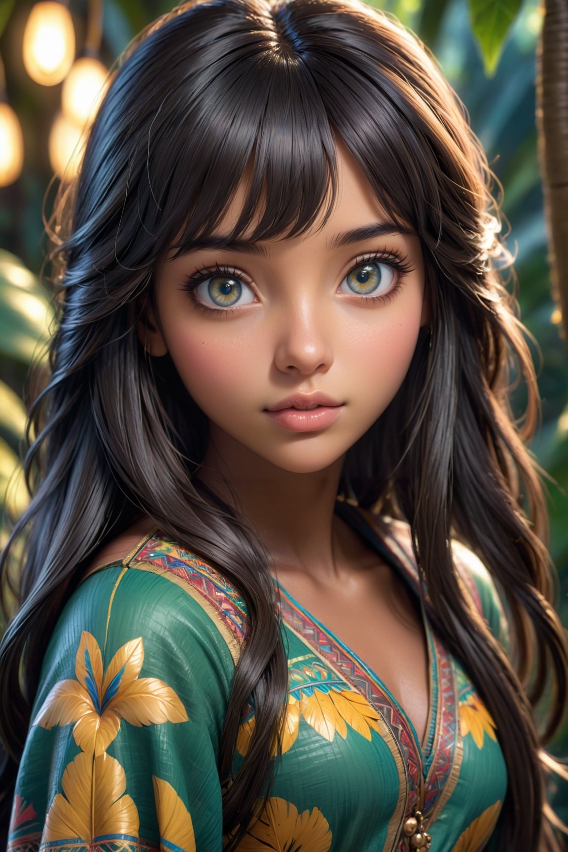 ((top quality)),  ((masterpiece)), girl of Amazonian ethnicity, with a childish face with a shy look, long dark hair with bangs, dark skin,  intricate details, cinematic image, very detailed eyes, very detailed mouth, illuminated by soft light,