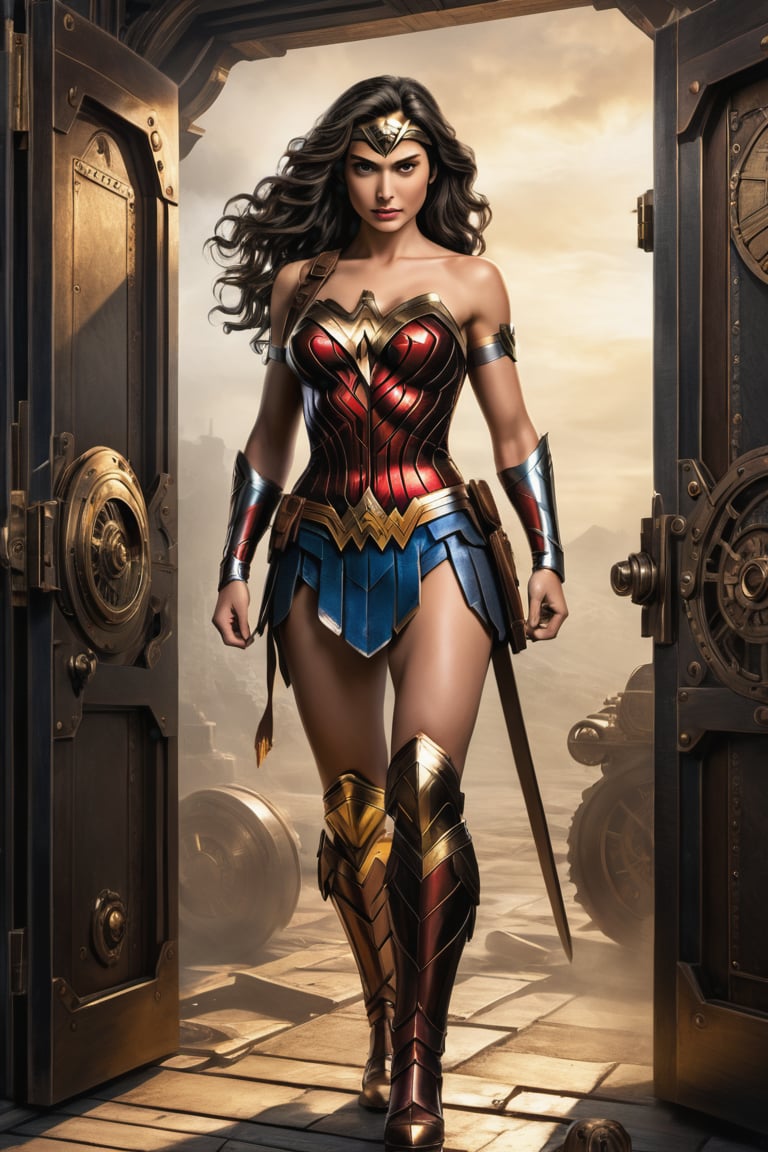 ((wonder woman of DC comics illustration in steampunk stile,)) ((full body view.)) (( Action pose)) (Masterpiece, Best quality), (finely detailed eyes), (finely detailed eyes and detailed face), (Extremely detailed CG, intrincate detailed, Best shadow), conceptual illustration, (illustration), (extremely fine and detailed), (Perfect details), (Depth of field), in the door of a wilding background,more detail XL