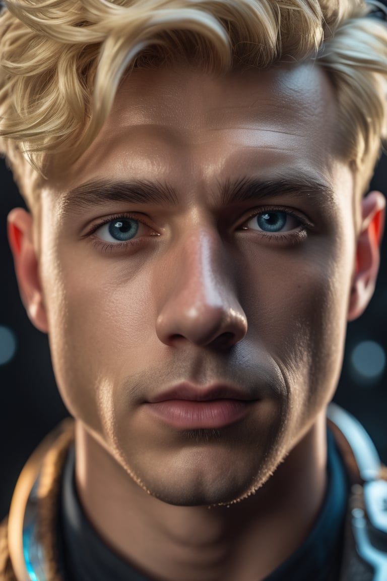 A middle age man, 24 years old, with Blonde hair facing the camera, digital art, 8k, future, Cinematic, Photography, Ultra - Wide Angle, Depth of Field, hyper - detailed, insane details, intricate details, beautifully color graded, Unreal Engine 5, Cinematic, Photoshoot, Shot on 25mm lens